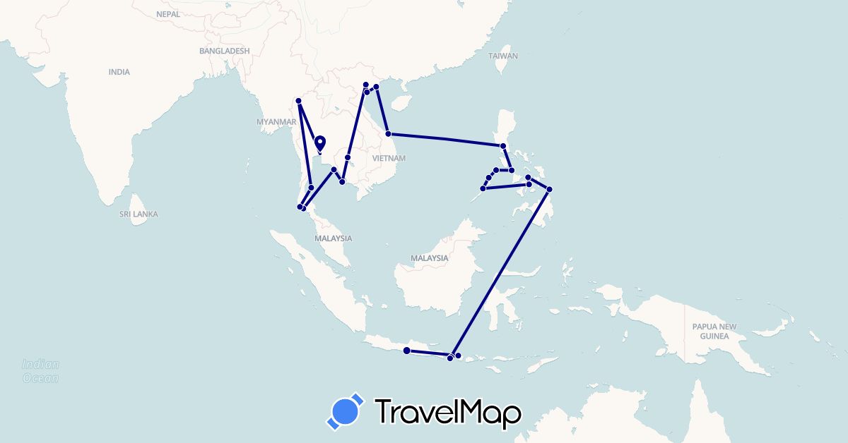 TravelMap itinerary: driving in Indonesia, Cambodia, Philippines, Thailand, Vietnam (Asia)